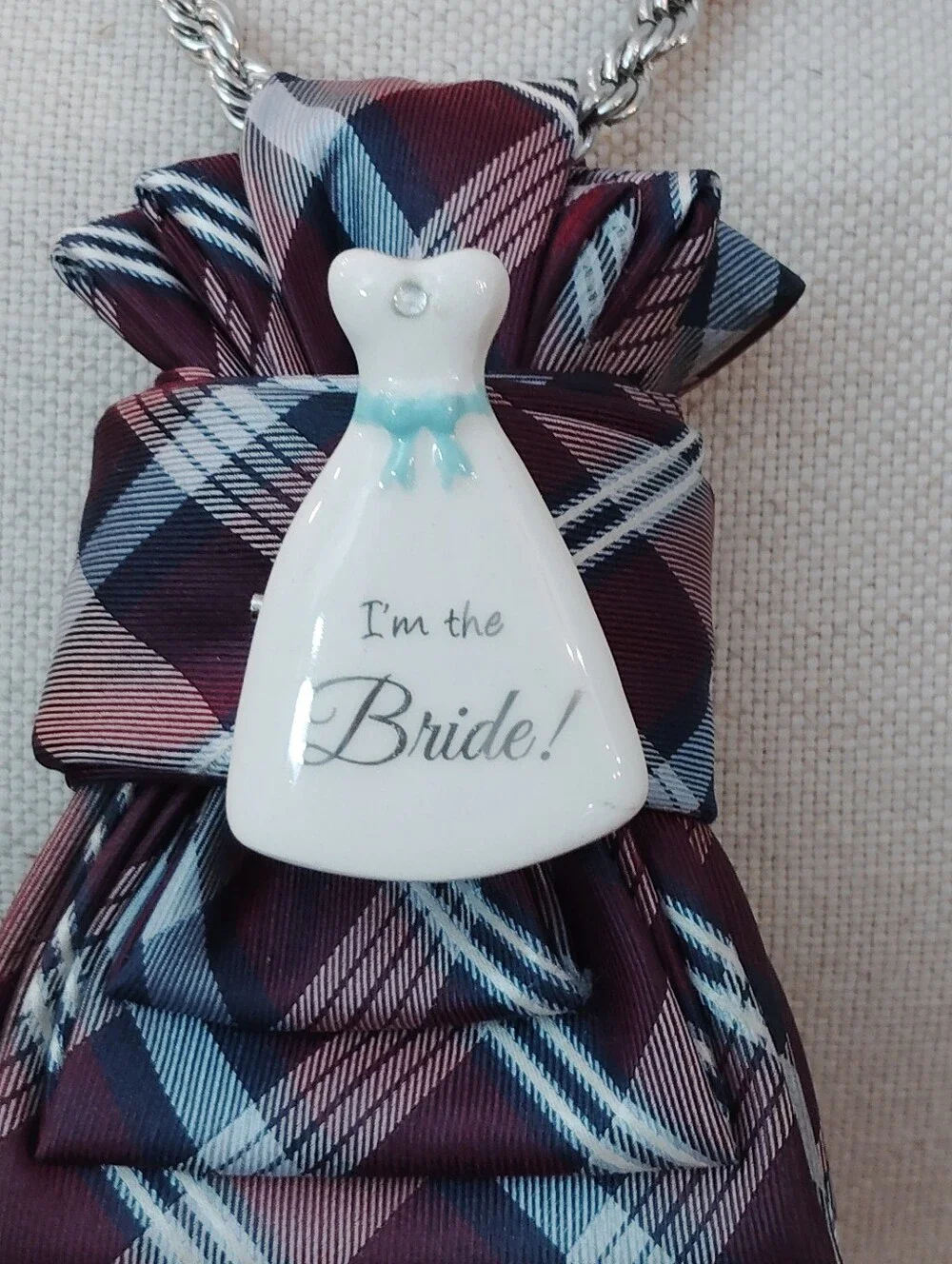 Nautica Burgundy and Navy Plaid Necktie W/ I'm the Bride! 👗 Brooch